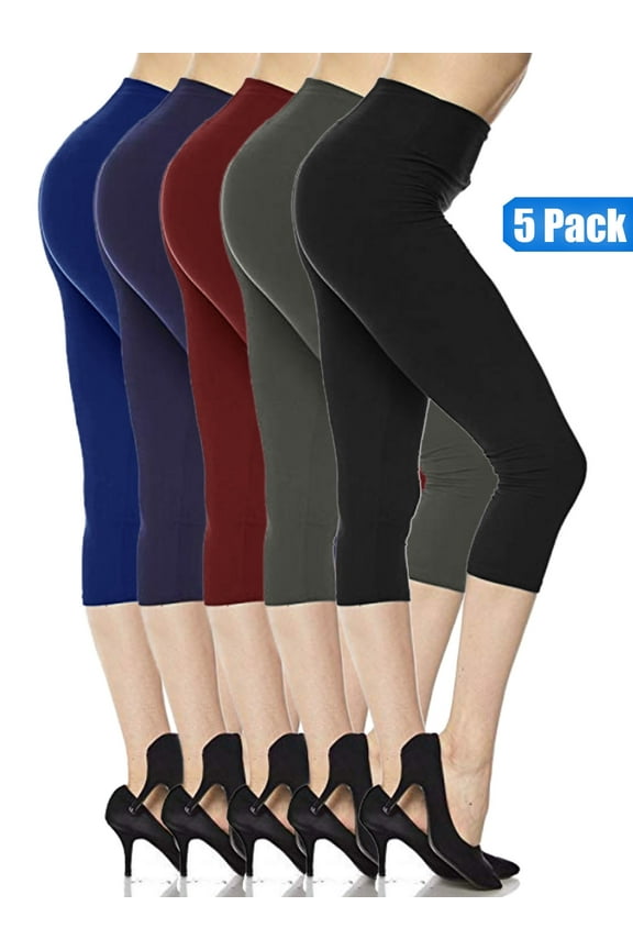 5 Pack Capri Leggings For Women 3 inch Wide Waistband Yoga Sports and Casual Ultra Soft Capri Legging Pants (XL/2XL)