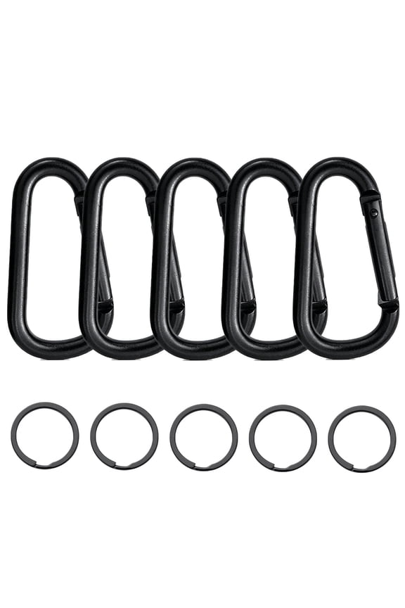5 Pack Carabiner Clips with Key Rings, 8cm D-Shaped Black Aluminum Heavy Duty Spring Snap Hooks for Keychain, Backpack, Outdoor, Not for Climbing