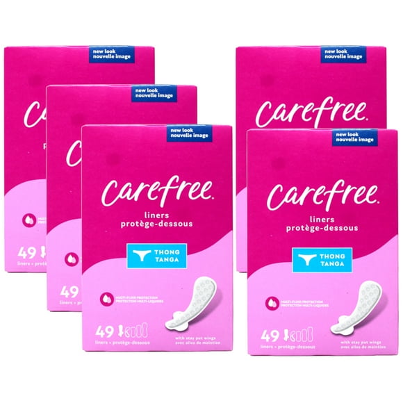 5 Pack Carefree Thong Panty Liners with Wings, Regular, Unscented, 49 Count Each