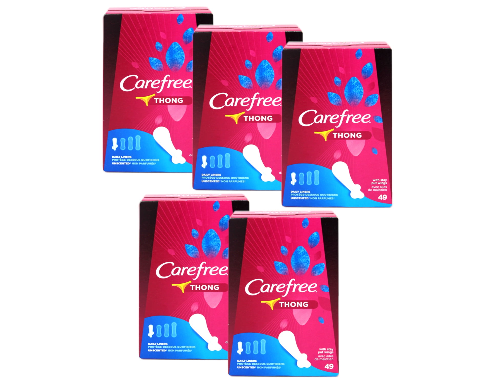 5 Pack Carefree Thong Panty Liners with Wings, Regular, Unscented, 49 Count  Each