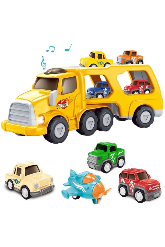 5 Pack Cars Toys for 2 3 4 5 6 Years Old Toddlers Boys and Girls Gift, Big Transport Truck with 4 Small Cute Pull Back Trucks,  with Sound and Light