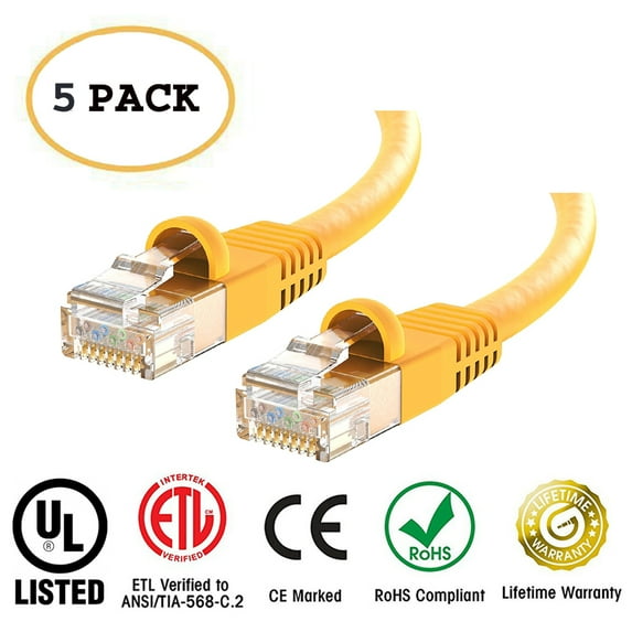 5-Pack Cat 6 Ethernet Cable Snagless Patch 12 Feet - Computer LAN Network Cord, YELLOW