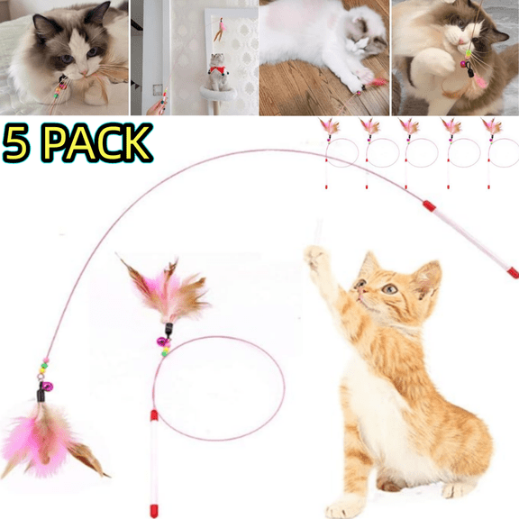 5 Pack Cat Feather Toy Wand, Interactive Pet Kitten Chaser Teaser Wire Wand with Bell Beads for Cat Exercise Play Fun Gifts