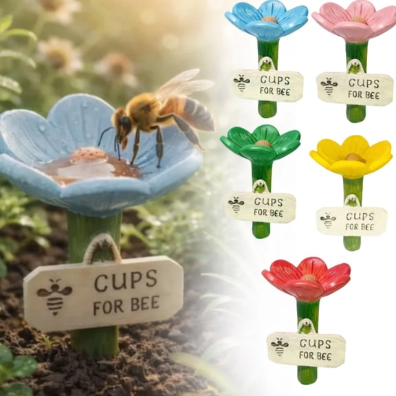 5-Pack Ceramic Flower Waterers for Garden - Bee & Pollinator Drinking Station with Textured Landing, Outdoor Hummingbird Feeder on Stakes (Green)