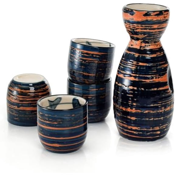 5 Pack Ceramic Sake Set, Japanese Style Saki Set with 1 Serving Carafe 4 Cups, 200 ml & 50 ml Traditional Hot Cold Wine Glasses, Soju Tea Drink Gift Set for Home, Restaurant (Blue, Sunset)