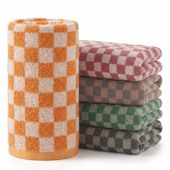 5 Pack Checkered Cotton Hand Towels, 13 x 29 Inch Quick Dry Towel Set for Bathroom, Kitchen and Gym