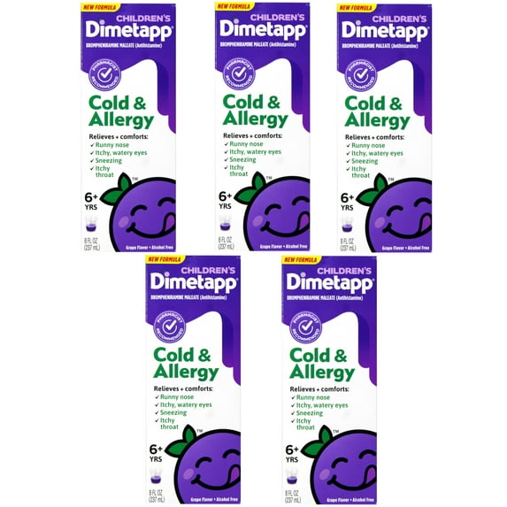 5 Pack - Children’s Dimetapp® Cold & Allergy Liquid – Grape Flavor, Alcohol-Free, 8 fl oz