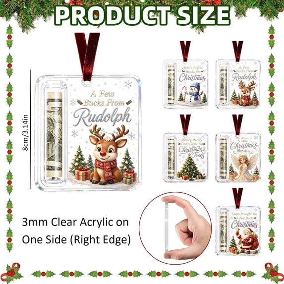 5-Pack Christmas Acrylicchristmas money holders for cash, 5 Designs Including Angel, Snowman, Reindeer, Christmas Tree and Santa, Rolled Cash Holders with Hanging Ribbons