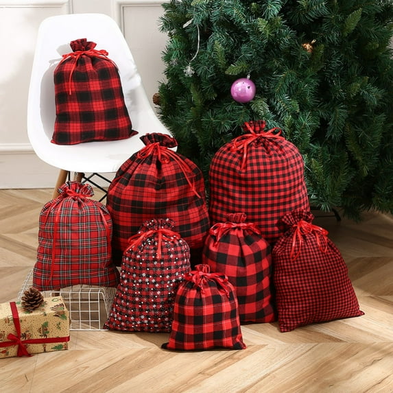 5-Pack Christmas Buffalo Plaid Drawstring Bags Christmas Gift Bags Large Sacks Christmas Wrapping Bags for Party Favors