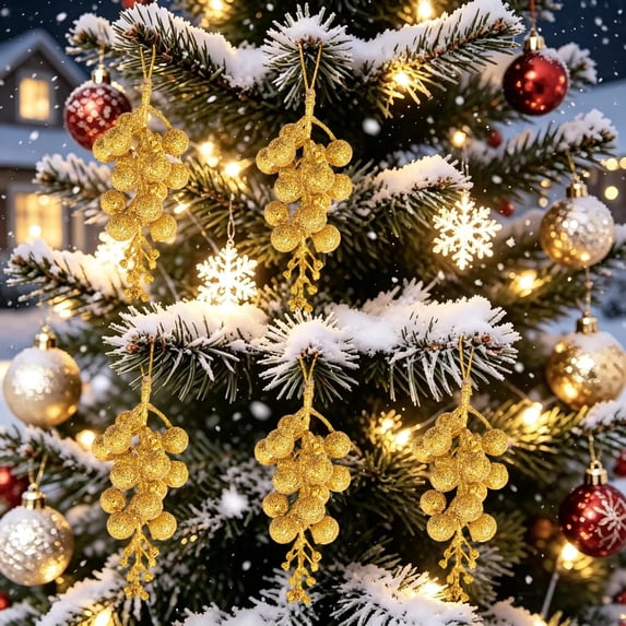 5 Pack Christmas Glitter Berry Picks Gold, Artificial Decorative Berries with Flexible Wire Stems for DIY Wreath Making Holiday Centerpiece Xmas Tree Decor