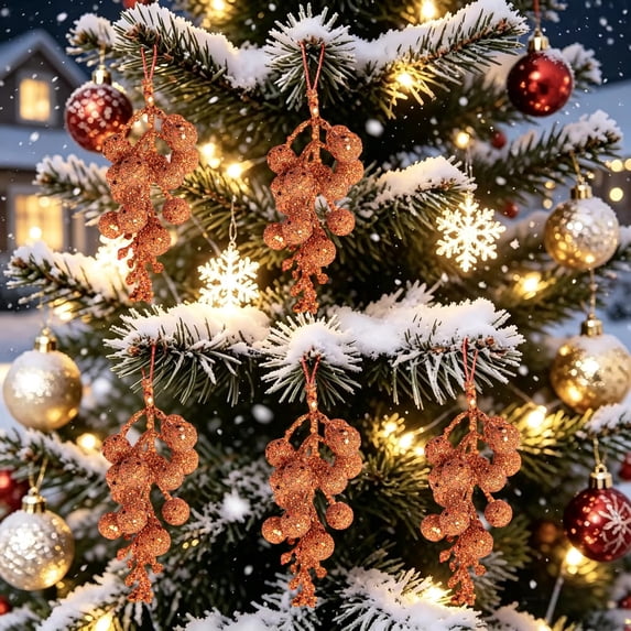 5 Pack Christmas Glitter Berry Picks Orange, Artificial Decorative Berries with Flexible Wire Stems for DIY Wreath Making Holiday Centerpiece Xmas Tree Decor
