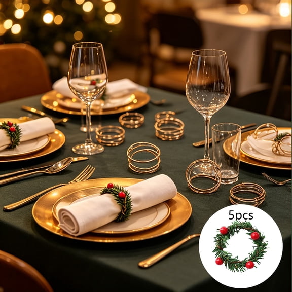 5 Pack Christmas Napkin Rings, Artificial Berry Wreath Napkin Holders, Festive Xmas Table Decorations for Holiday Dinner Party, Indoor Outdoor