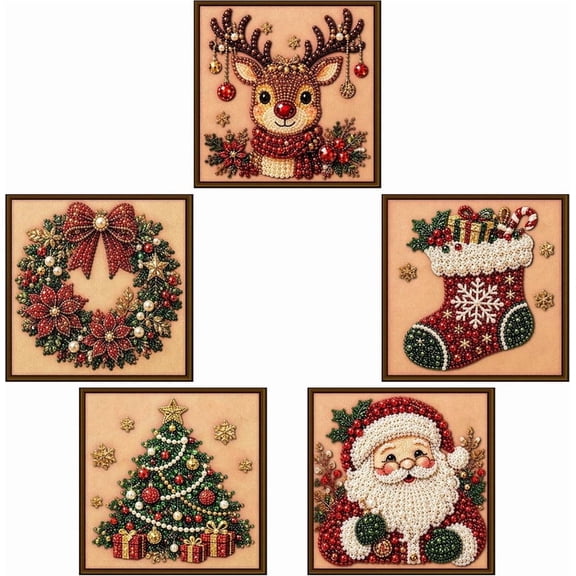 5-Pack Christmas Pearl Diamond Art Kits with Wooden Frames, DIY Diamond Painting Craft Kits for Adults & Beginners, Pearl Bead Wall Art for Holiday Home Decor & Christmas Gifts