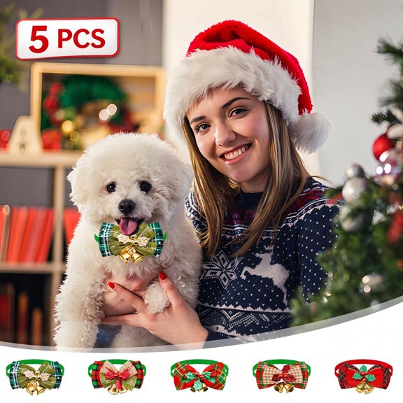 5 Pack Christmas Plaid Dog Bow Tie Collars, Adjustable Elastic Holiday Bowties With Bells, Cute Xmas Neck Accessories For Small Puppy Kitten Dogs Cats, Christmas Party Photo Prop Pet Supplies Gift