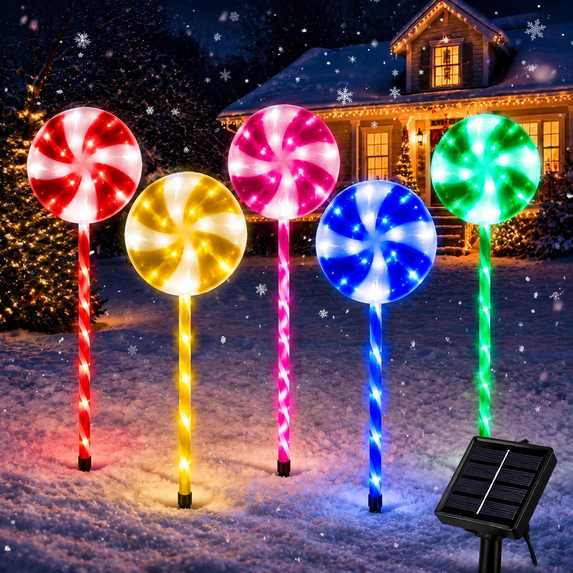 5 Pack Christmas Solar Lollipop Pathway Lights, Multicolor Peppermint Candy Cane Stakes, 8 Modes Candy Cane Walkside Lights for Yard, Lawn, Christmas Holiday Decor