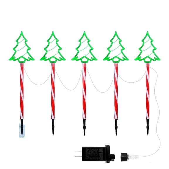 5-Pack Christmas Tree Pathway Light Green Tree on Candy Cane Stake
