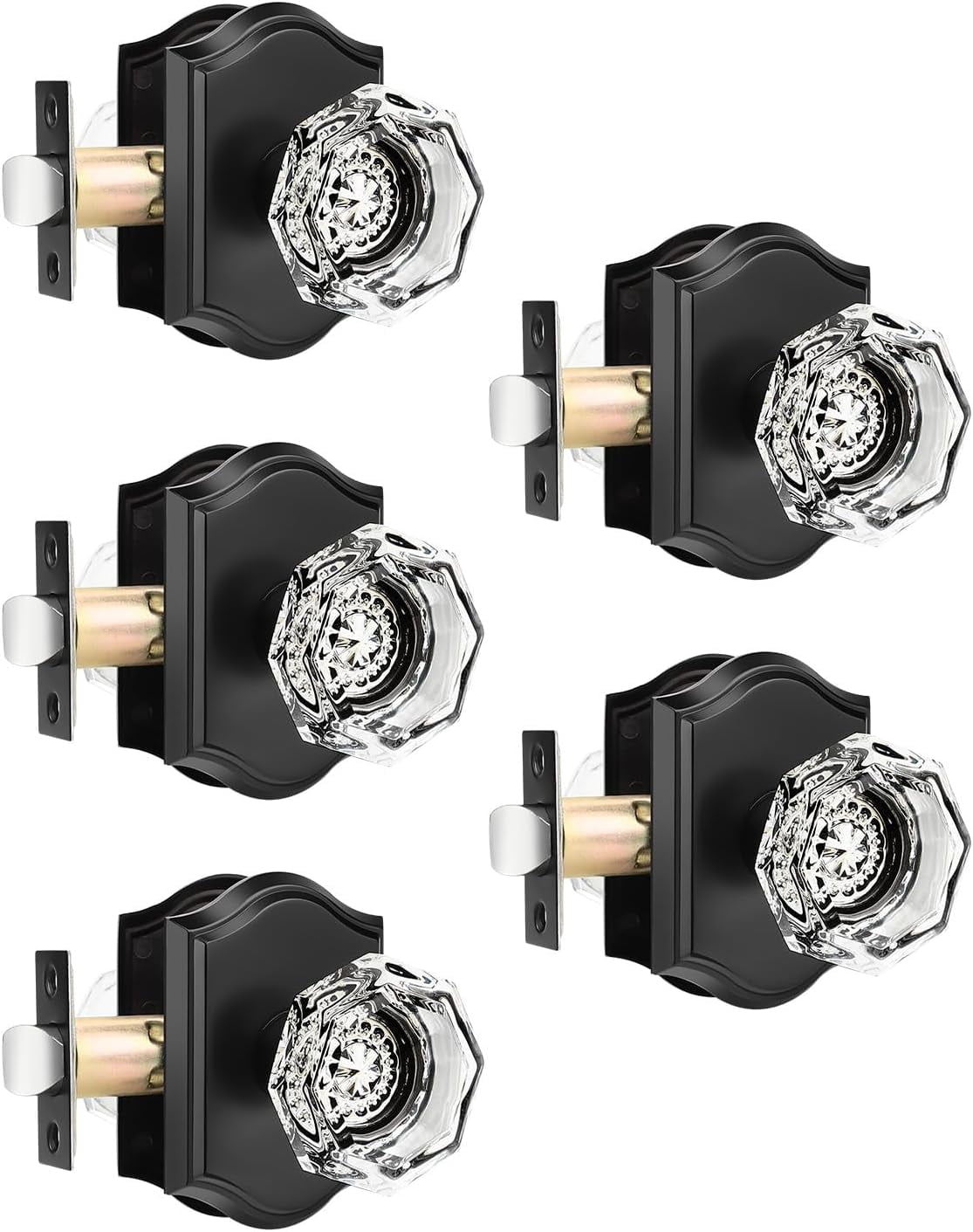 5 Pack Clear Crystal Door Knobs,Diamond Glass Passage Door Handles Locks for Closet Hallway,Keyless Interior Door Knob with Matte Black Rosette