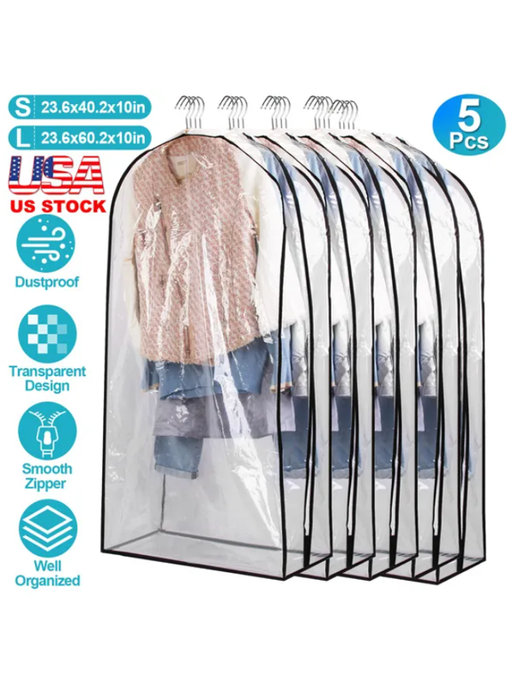 5 Pack Clear Garment Bags with Zipper, Dustproof Waterproof Plastic Clothes Covers, Transparent Hanging Suit Protectors for Closet Coats Jackets Dresses Storage