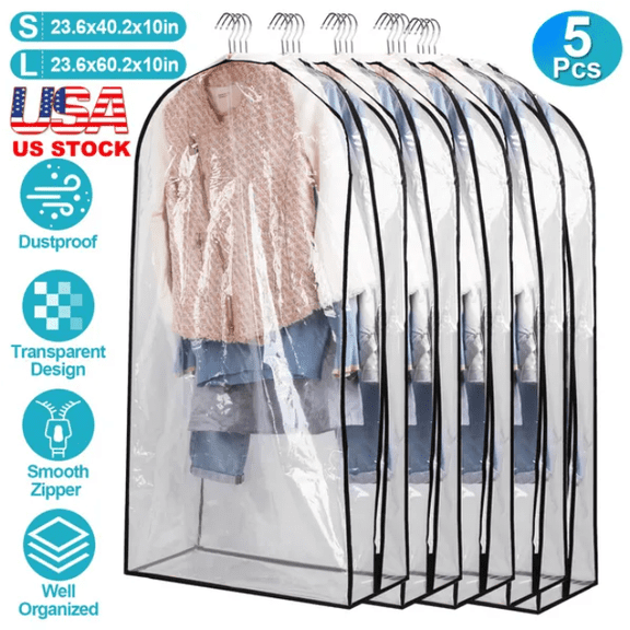 5 Pack Clear Garment Bags with Zipper, Dustproof Waterproof Plastic Clothes Covers, Transparent Hanging Suit Protectors for Closet Coats Jackets Dresses Storage