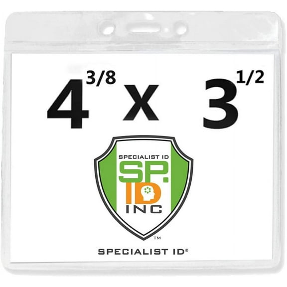 5 Pack - Clear Name Badge Holder 4x3 - Heavy Duty Extra Large 4 3/8 x 3 1/2 Plastic Horizontal Name Tag Sleeve for Conference, Trade Show Exhibitor Events by Specialist ID
