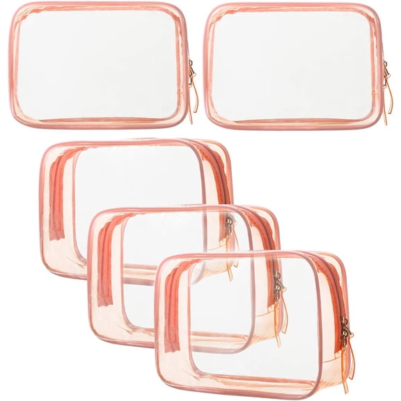 5 Pack Clear Plastic Zippered Toiletry Carry Pouch TSA Approved Toiletry Bag Portable Cosmetic Makeup Bag for Vacation, Bathroom and Organizing (Pink, Small)