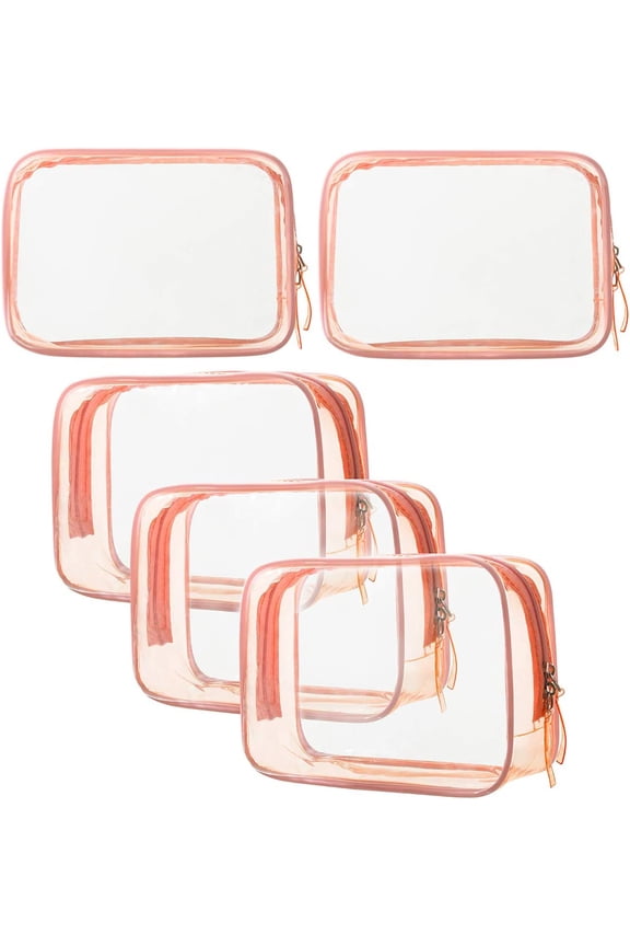 5 Pack Clear Plastic Zippered Toiletry Carry Pouch TSA Approved Toiletry Bag Portable Cosmetic Makeup Bag for Vacation, Bathroom and Organizing (Pink, Small)