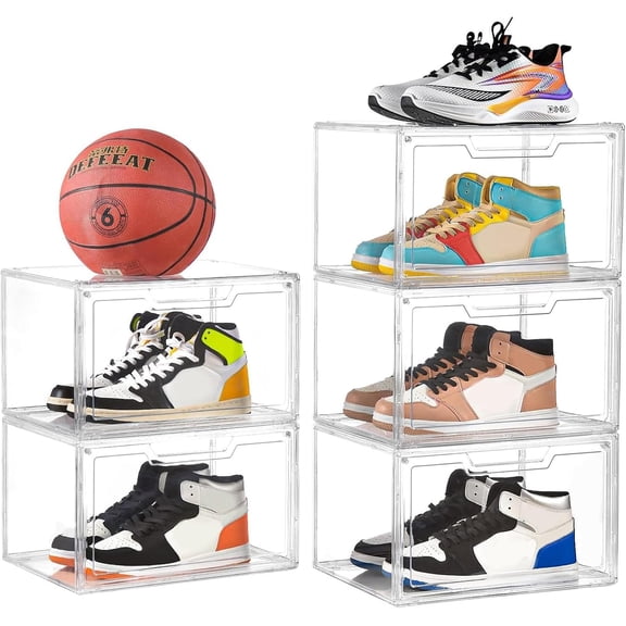 5 Pack Clear Stackable Shoe Organizer Box with Lids, Acrylic Shoes Box with Magnetic Doors, Transparent Shoe Storage Bins Closet Organizers, Shoes Containers For Sneaker Display, Fit up to US Size16
