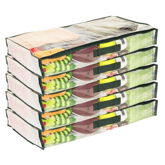 5-Pack Clear Vinyl Zippered Underbed Storage Bags 32 x 16 x 4 Inch with Dark Green Trim, 11 x 14.5 Insert Pocket and Handle
