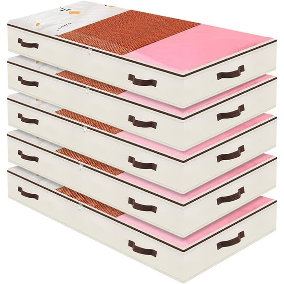 5-Pack Clothes Organizer Storage Bags, Under Bed Storage Containers, Closet Organizers and Storage Bin with Large Clear Window Sturdy Handles for Bedroom Wardrobe, Washable, Beige