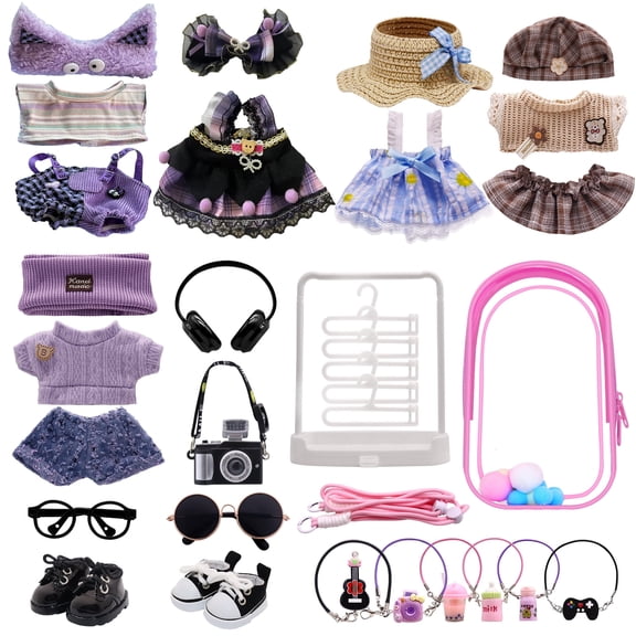5-Pack Clothes Set Designed for Labubu Clothes with Accessories Set, Includes 6 Mini Accessories, Display Bag, Clothes Rack, Headphones, Camera, Sunglasses, Shoes Accessories for Labubu - Style E