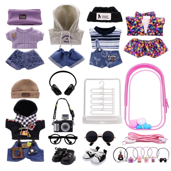 5-Pack Clothes Set Designed for Labubu Clothes with Accessories Set, Includes 6 Mini Accessories, Display Bag, Clothes Rack, Headphones, Camera, Sunglasses, Shoes Accessories for Labubu - Style A