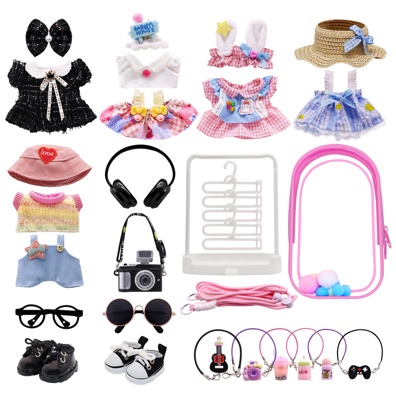 5-Pack Clothes Set Designed for Labubu Clothes with Accessories Set, Includes 6 Mini Accessories, Display Bag, Clothes Rack, Headphones, Camera, Sunglasses, Shoes Accessories for Labubu - Style B