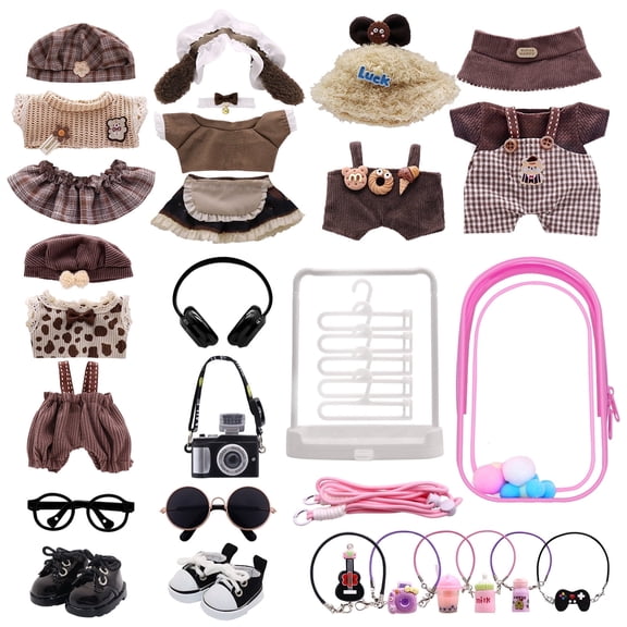 5-Pack Clothes Set Designed for Labubu Clothes with Accessories Set, Includes 6 Mini Accessories, Display Bag, Clothes Rack, Headphones, Camera, Sunglasses, Shoes Accessories for Labubu - Style C
