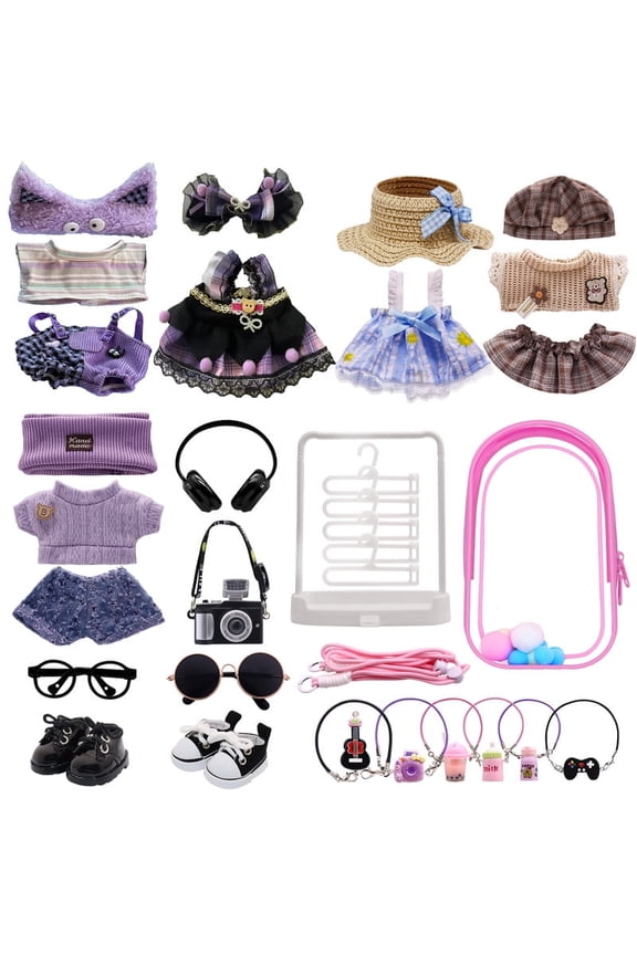 5-Pack Clothes Set Designed for Labubu Clothes with Accessories Set, Includes 6 Mini Accessories, Display Bag, Clothes Rack, Headphones, Camera, Sunglasses, Shoes Accessories for Labubu - Style E