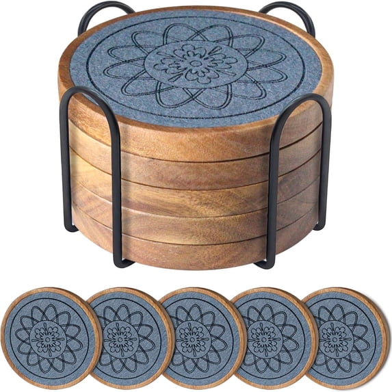 5 Pack Coasters for Drinks Absorbent, Coasters for Coffee Table with Holder, Non-Slip, Non-Stick, Suit for Kinds of Cups 4.3 inch Gray