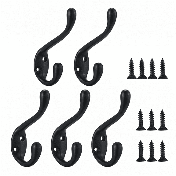 5 Pack Coat Hooks, Durable Matte Black Double Hooks – Heavy Duty Wall/ Door Hanger for Clothes, Towels, with Sturdy Design