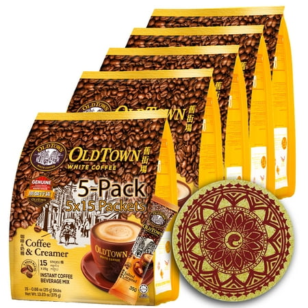 (5 Pack - Coffee & Creamer ) OLD TOWN (2 in 1) Coffee & Creamer White Coffee Asian Instant Coffee Whalever Eco Friendly Cork Coasters Package , oldtown White Coffee 75 Packets