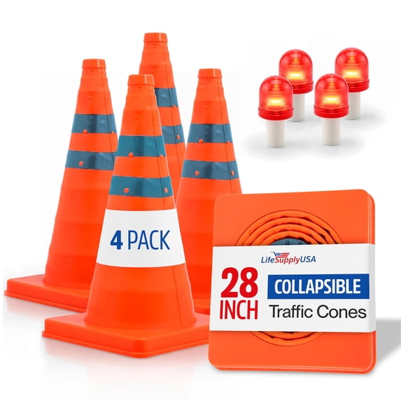 28" Collapsible Traffic Safety Cones with LED Light Bright Orange Reflectors with Reflective Strips, Multipurpose Pop-Up Road Parking Cone for Emergency & Construction Use by LifeSupplyUSA (4-Pack)