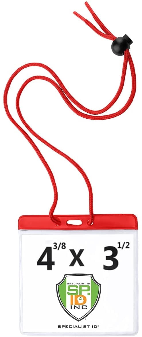 5 Pack - Color Badge Holder Horizontal with Lanyard - Extra Large Color Top Card Sleeve (4 1/2 X 3 1/2 - Max Insert) w/ Solid Color Neck Cord for Events / Conventions by Specialist ID (Red)