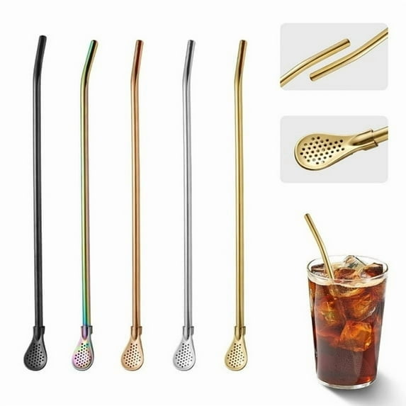 5-Pack Color-Coded Stainless Steel Straws with Detachable Spoon Filters for Mate Tea, Bubble Drinks