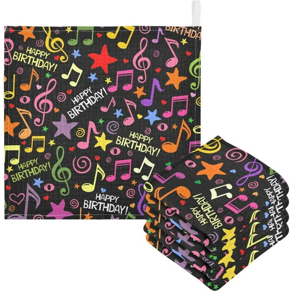 5 Pack Color Music Sings Stars Baby Muslin Washcloths, Happy Birthday Soft Absorbent Face Towel Burp Cloths Cotton Bath Wipes Infant Wash Cloth for Newborn Boys Girls