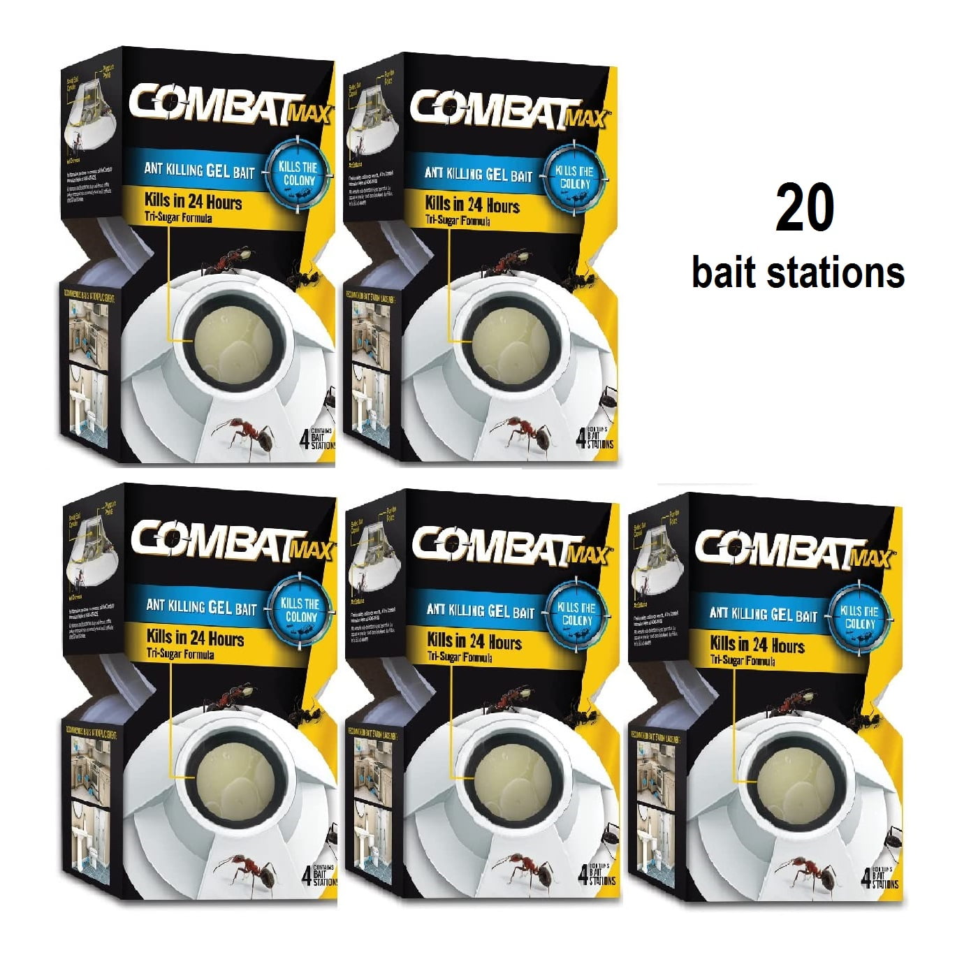 (5 Pack) Combat Max Ant Killing Gel Bait Station, Indoor and Outdoor Use, 20 Bait Stations