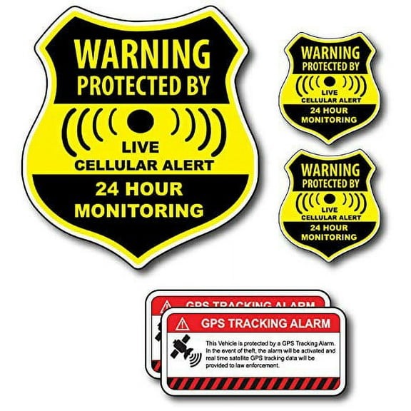 (5 Pack) Combination Pack of 24 Hour Monitoring - This Vehicle Protected by GPS Tracking Warning Signs - Decal Self Adhesive Sticker Vinyl Decal  UV Resistent