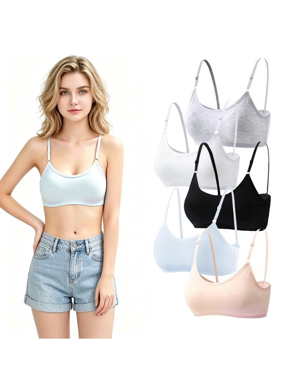 5 Pack Comfy Cotton Wireless Thin Padding Bras with Adjustable Straps for Teen Girls 10-16