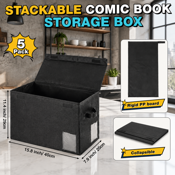 5 Pack Comic Book Storage Boxes with Double-Sided Windows, Stackable Organizer Cases