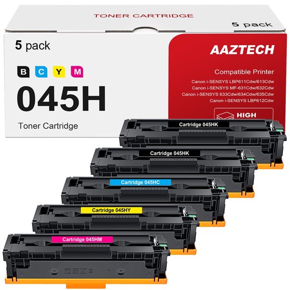 5-Pack Compatible 045H Toner Cartridge with Chip for Canon 045H Color imageCLASS MF634Cdw MF632Cdw imageCLASS LBP612Cd Printer (2*Black,Cyan,Magenta,Yellow)