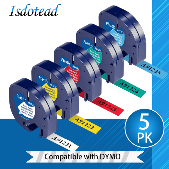 5-Pack Compatible with Dymo Label Maker Refills Tape, Compatible with Dymo Letratag Refills 12 mm x 4 m (1/2" x 13'), Plastic Tape for 200B LT-100H 100T Plus, Black on White/Yellow/Red/Blue/Green