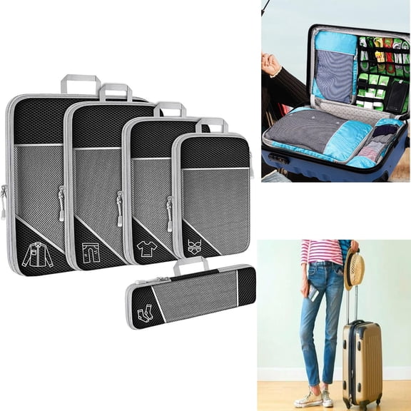 5-Pack Compression Packing Cubes Set –  Expandable Mesh Luggage Organizers with Double Zipper, Handles & Shoe Bag – Lightweight Travel Storage for Suitcase, Carry-On, Airplane, Cruise, Train