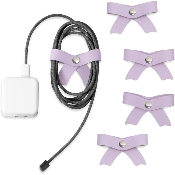 5 Pack Cord Organizer, Bow Cord Keeper, Cable Organizer USB Holder, Leather Cable Management, Cable Straps, Earphone Winder, Storage Straps for Electronics, Earbuds, Big, Purple
