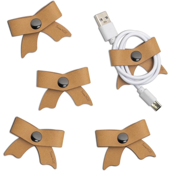 5 Pack Cord Organizer, Bow Cord Keeper, Cable Organizer USB Holder, Leather Cable Management, Cable Straps, Earphone Winder, Storage Straps for Electronics, Earbuds (Camel Brown, Small)